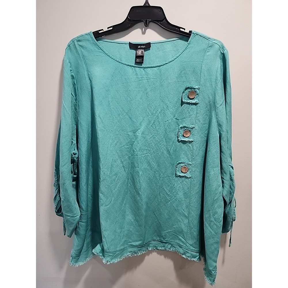 Ali‎ Miles NWT Linen Blend Blouse Womens 3X Long Cinch Sleeve Raw Hem Turquoise